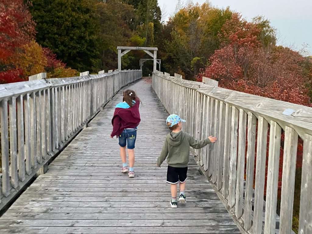 Two young children walking on a wooden boardwalk surrounded by vibrant autumn trees in Port Albert, Ontario.